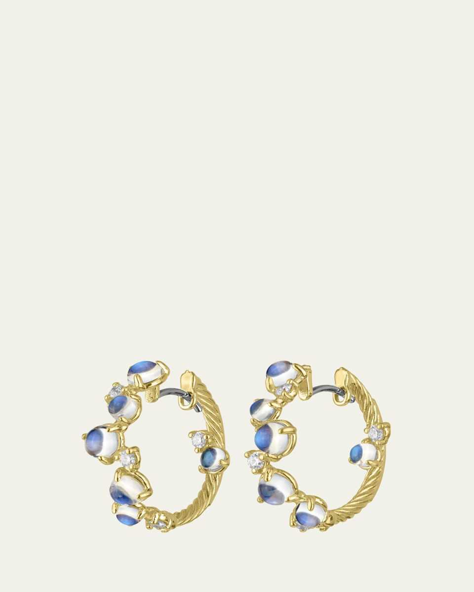 18K Yellow Gold Bubble Snap Hoop Earrings with Diamonds and Moonstone, 20mm